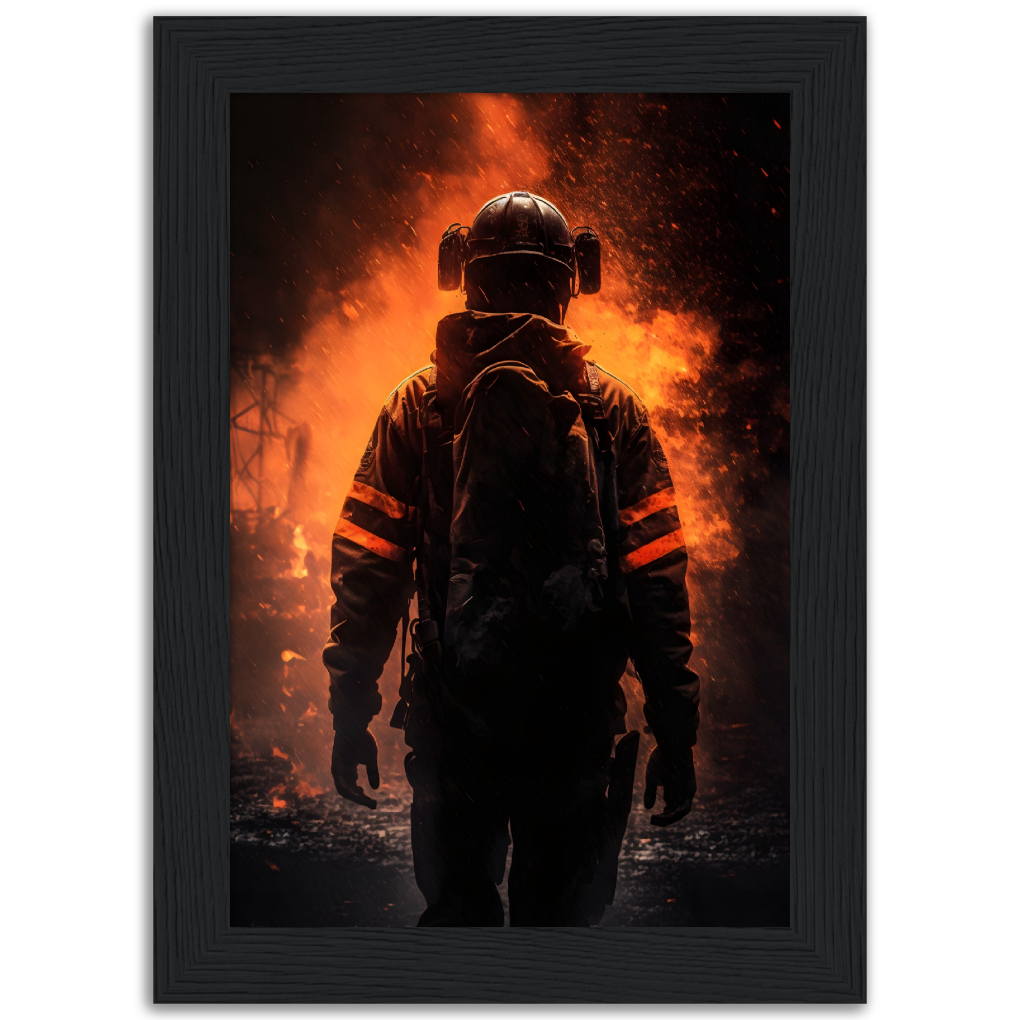 Wood framed matte paper premium poster "Firefighter in the flames"