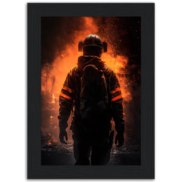 Wood framed matte paper premium poster "Firefighter in the flames"